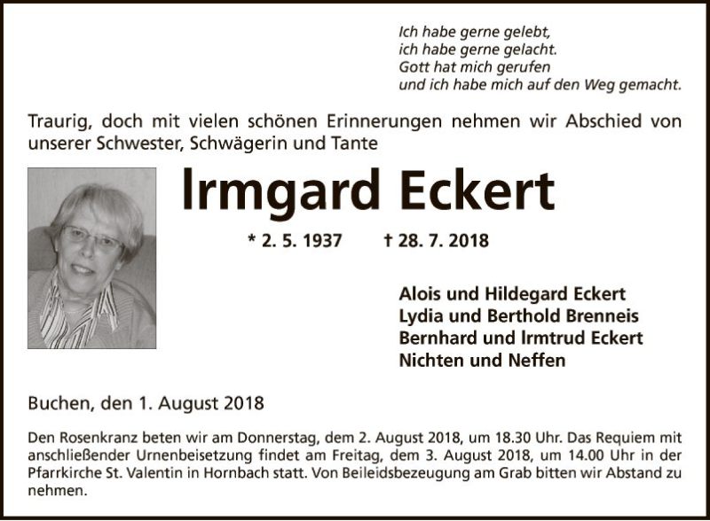 Traueranzeigen Von Irmgard Eckert Trauerportal Ihrer Tageszeitung