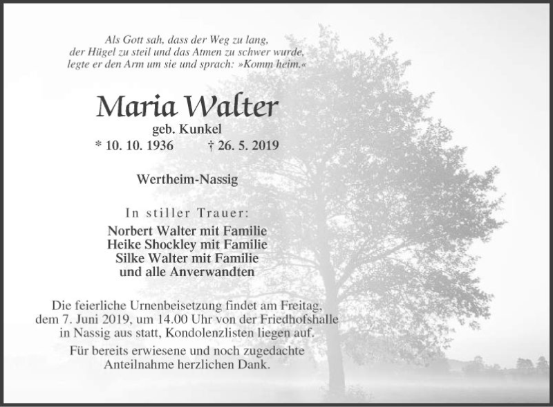 Traueranzeigen Von Maria Walter Trauerportal Ihrer Tageszeitung