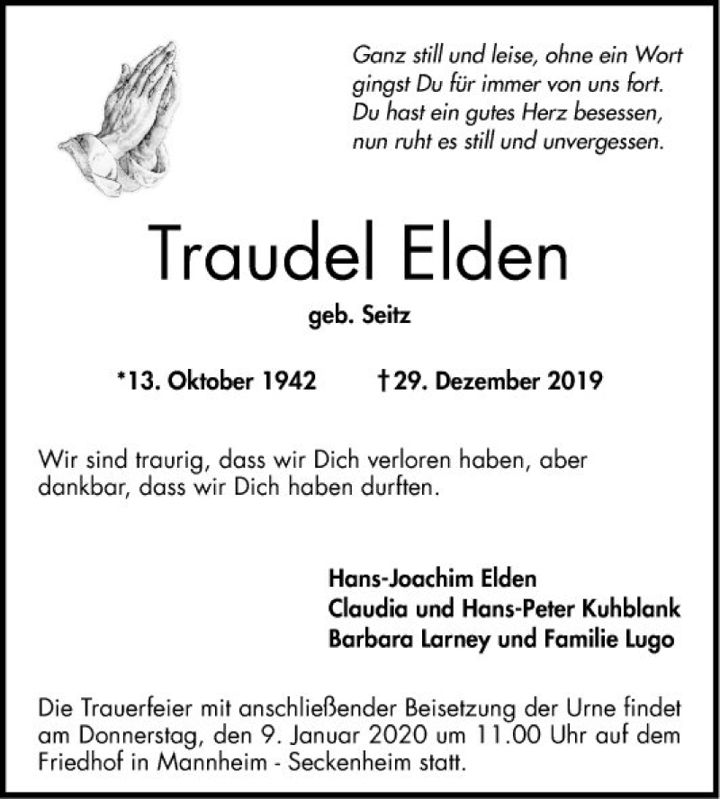 Traueranzeigen Von Traudel Elden Trauerportal Ihrer Tageszeitung