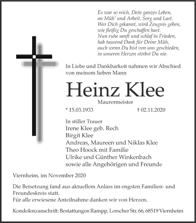 Traueranzeigen Von Heinz Klee Trauerportal Ihrer Tageszeitung