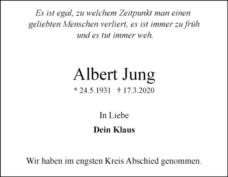 Traueranzeigen Von Albert Jung Trauerportal Ihrer Tageszeitung