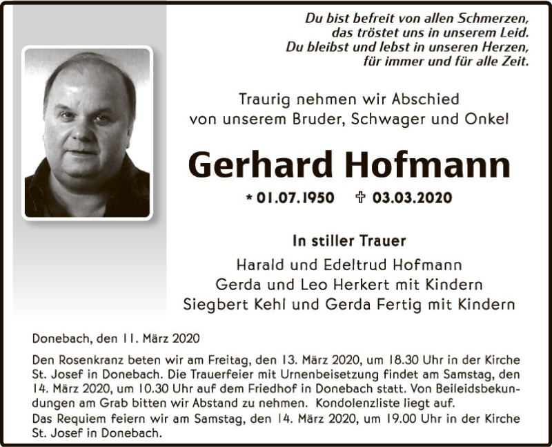 Traueranzeigen Von Gerhard Hofmann Trauerportal Ihrer Tageszeitung