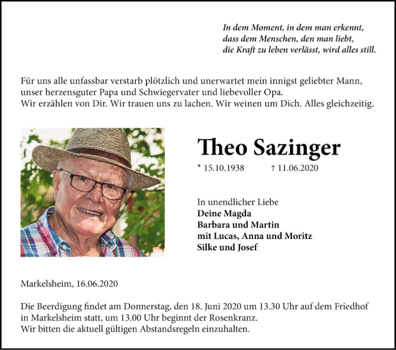 Traueranzeigen Von Theo Sazinger Trauerportal Ihrer Tageszeitung