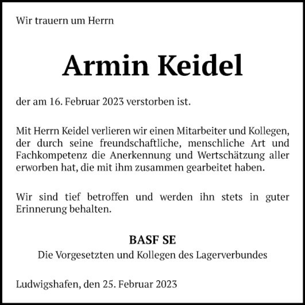 Traueranzeigen Von Armin Keidel Trauerportal Ihrer Tageszeitung