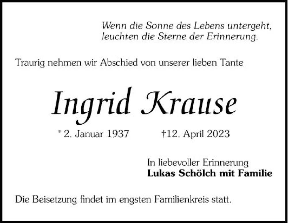 Traueranzeigen Von Ingrid Krause Trauerportal Ihrer Tageszeitung