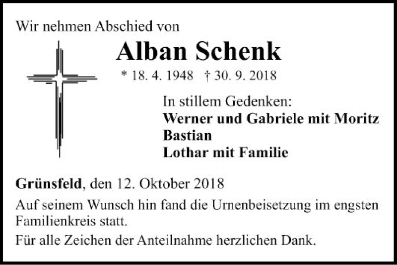  Traueranzeige für Alban Schenk vom 12.10.2018 aus Fränkische Nachrichten
