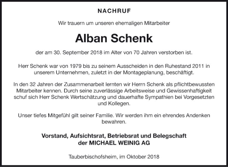  Traueranzeige für Alban Schenk vom 16.10.2018 aus Fränkische Nachrichten