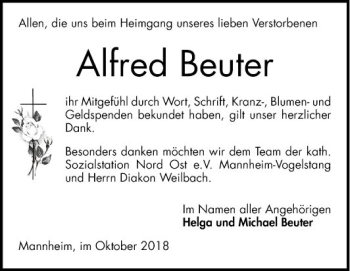 Traueranzeige von Alfred Beuter von Mannheimer Morgen