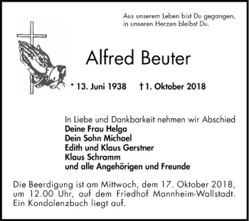 Traueranzeige von Alfred Beuter von Mannheimer Morgen