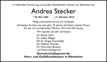 Traueranzeige von Andrea Stecker von Mannheimer Morgen