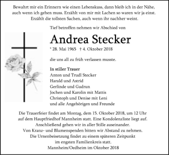 Traueranzeige von Andrea Stecker von Mannheimer Morgen