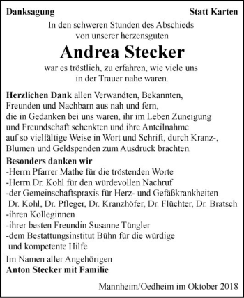 Traueranzeige von Andrea Stecker von Mannheimer Morgen