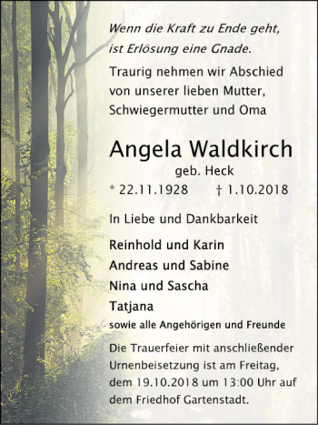 Traueranzeige von Angela Waldkirch von Mannheimer Morgen