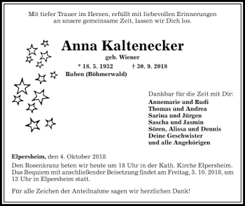 Traueranzeige von Anna Kaltenecker von Fränkische Nachrichten