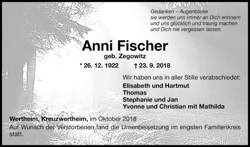  Traueranzeige für Anni Fischer vom 10.10.2018 aus Fränkische Nachrichten
