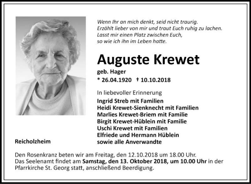  Traueranzeige für Auguste Krewet vom 11.10.2018 aus Fränkische Nachrichten