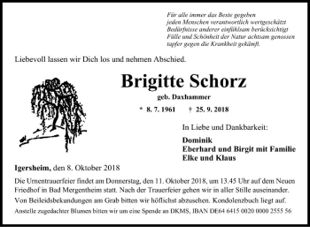 Traueranzeige von Brigitte Schorz von Fränkische Nachrichten