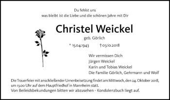 Traueranzeige von Christel Weickel von Mannheimer Morgen