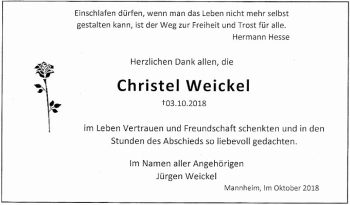 Traueranzeige von Christel Weickel von Mannheimer Morgen