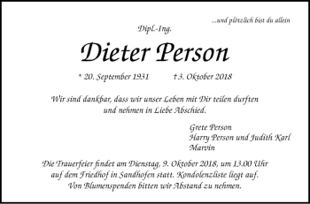 Traueranzeige von Dieter Person von Mannheimer Morgen