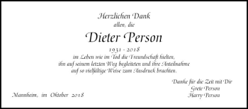 Traueranzeige von Dieter Person von Mannheimer Morgen