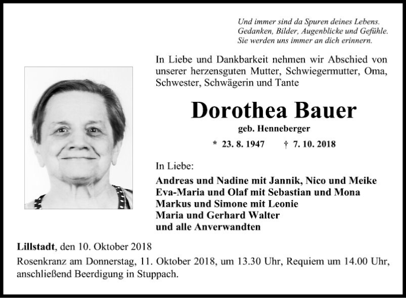  Traueranzeige für Dorothea Bauer vom 10.10.2018 aus Fränkische Nachrichten