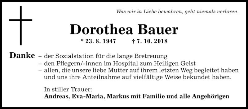  Traueranzeige für Dorothea Bauer vom 27.10.2018 aus Fränkische Nachrichten