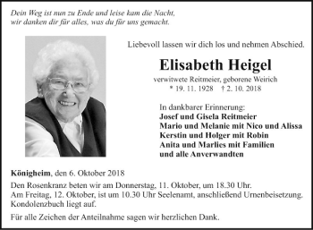 Traueranzeige von Elisabeth Heigel von Fränkische Nachrichten