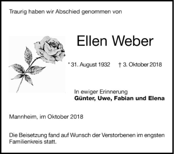 Traueranzeige von Ellen Weber von Mannheimer Morgen