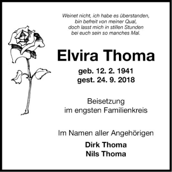 Traueranzeige von Elvira Thoma von Fränkische Nachrichten