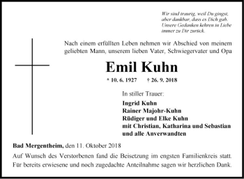 Traueranzeige von Emil Kuhn von Fränkische Nachrichten