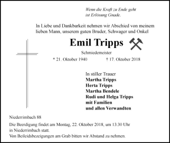 Traueranzeige von Emil Tripps von Fränkische Nachrichten
