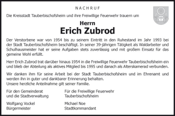 Traueranzeige von Erich Zubrod von Fränkische Nachrichten