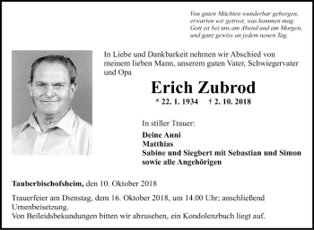 Traueranzeige von Erich Zubrod von Fränkische Nachrichten