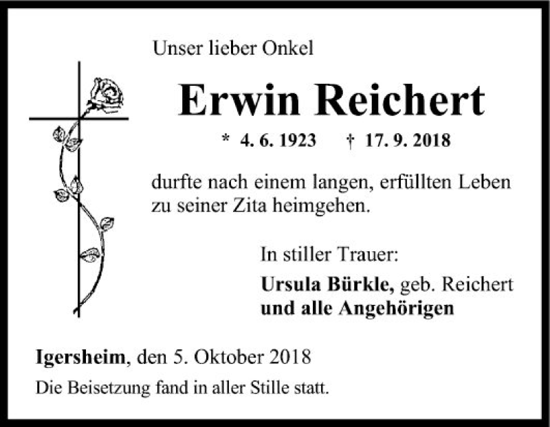  Traueranzeige für Erwin Reichert vom 05.10.2018 aus Fränkische Nachrichten