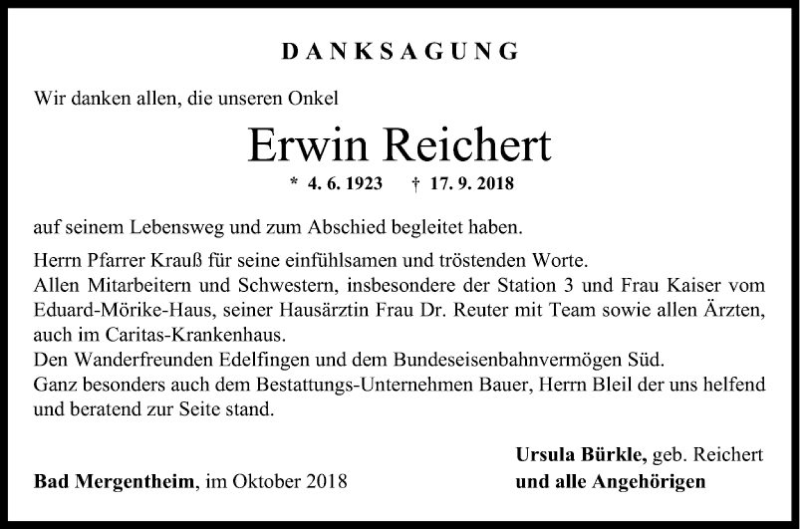  Traueranzeige für Erwin Reichert vom 12.10.2018 aus Fränkische Nachrichten