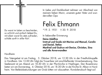 Traueranzeige von Felix Ehmann von Fränkische Nachrichten