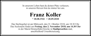 Traueranzeige von Franz Koller von Fränkische Nachrichten