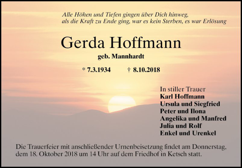  Traueranzeige für Gerda Hoffmann vom 13.10.2018 aus Schwetzinger Zeitung