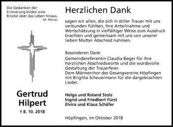 Traueranzeige von Gertrud Hilpert von Fränkische Nachrichten