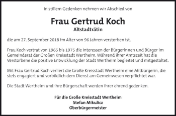 Traueranzeige von Gertrud Koch von Fränkische Nachrichten