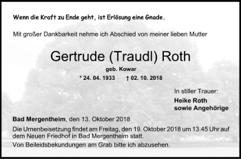 Traueranzeige von Gertrude Roth von Fränkische Nachrichten