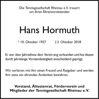 Traueranzeige von Hans Hormuth von Mannheimer Morgen