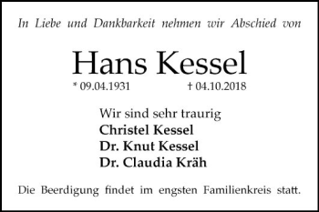 Traueranzeige von Hans Kessel von Mannheimer Morgen