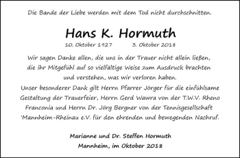 Traueranzeige von Hans K. Hormuth von Mannheimer Morgen