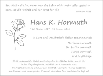 Traueranzeige von Hans K. Hormuth von Mannheimer Morgen