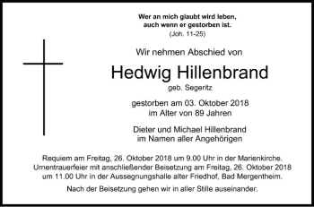 Traueranzeige von Hedwig Hillenbrand von Fränkische Nachrichten