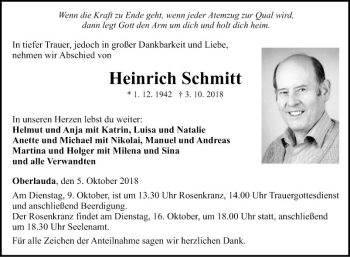 Traueranzeige von Heinrich Schmitt von Fränkische Nachrichten