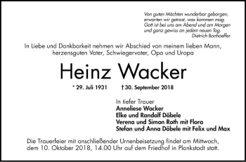 Traueranzeige von Heinz Wacker von Schwetzinger Zeitung