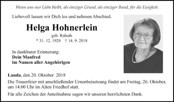 Traueranzeige von Helga Hohnerlein von Fränkische Nachrichten